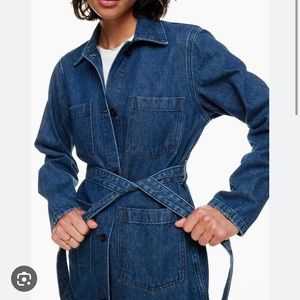 Wilfred FREE from Aritzia dark wash belted denim jacket with shorts set